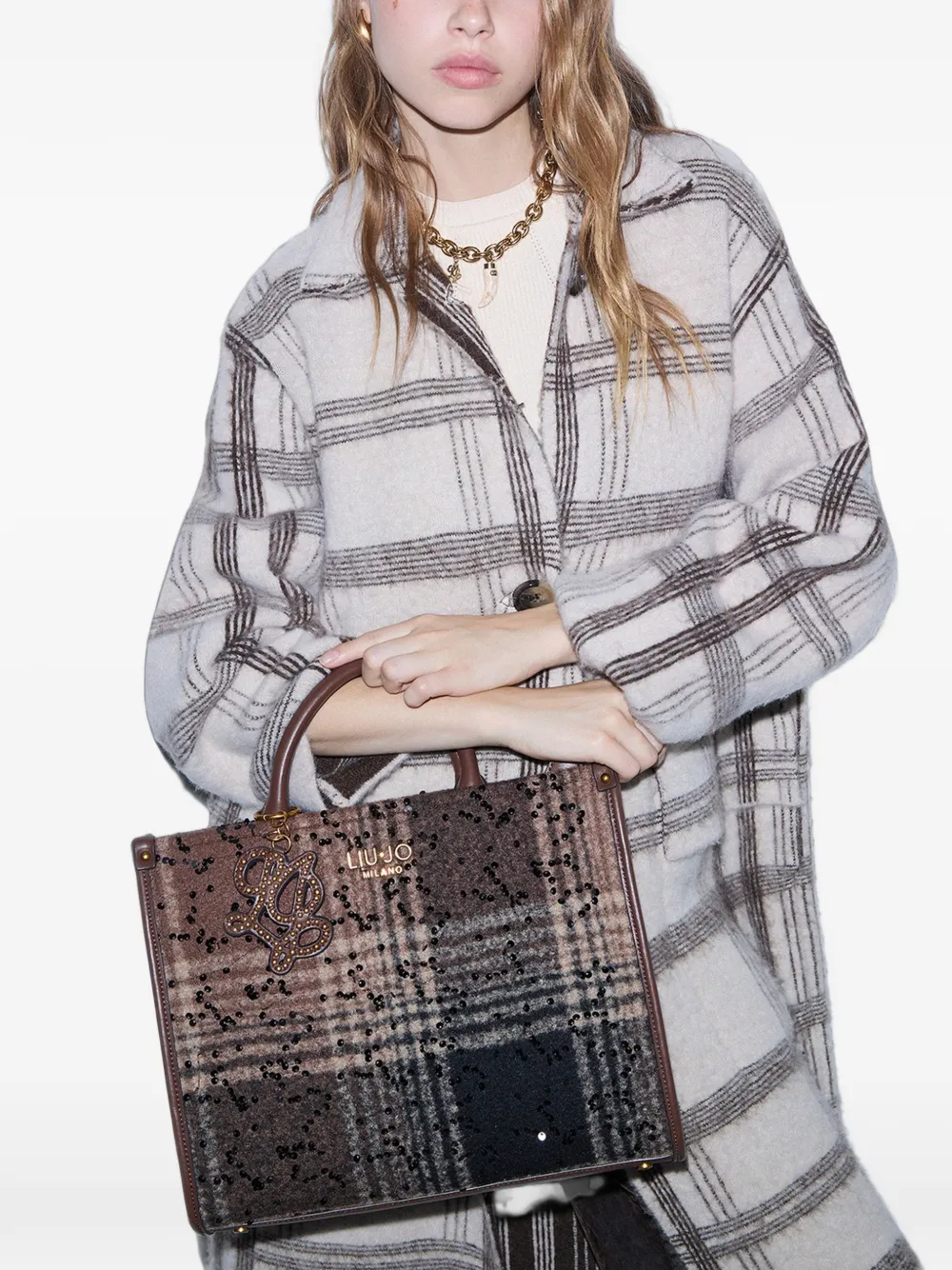 LIU JO medium check bag with sequins - Marrone