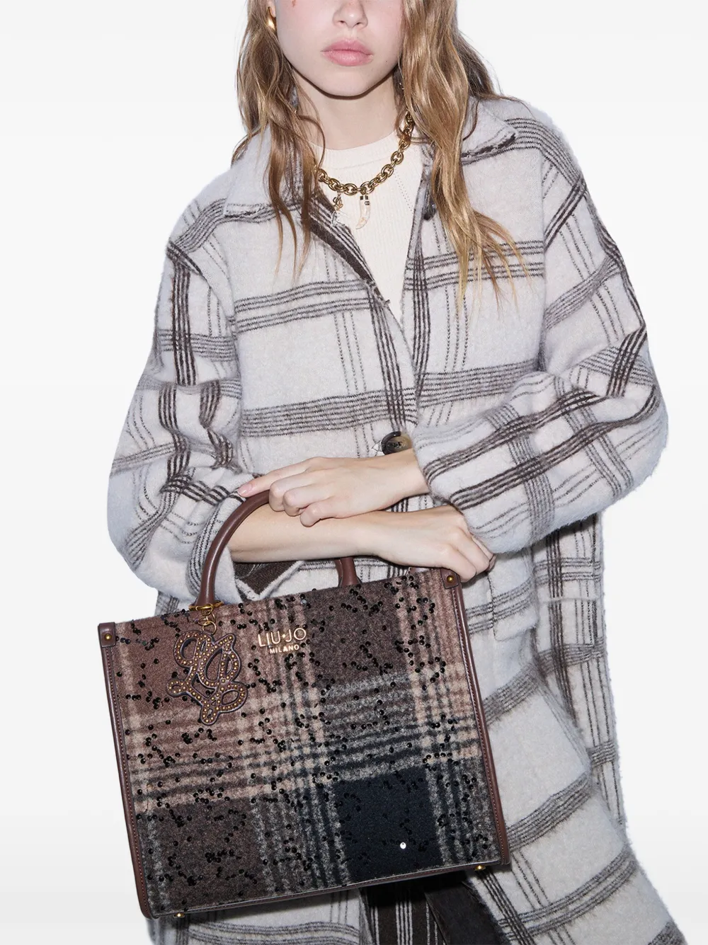 LIU JO medium check bag with sequins - Marrone