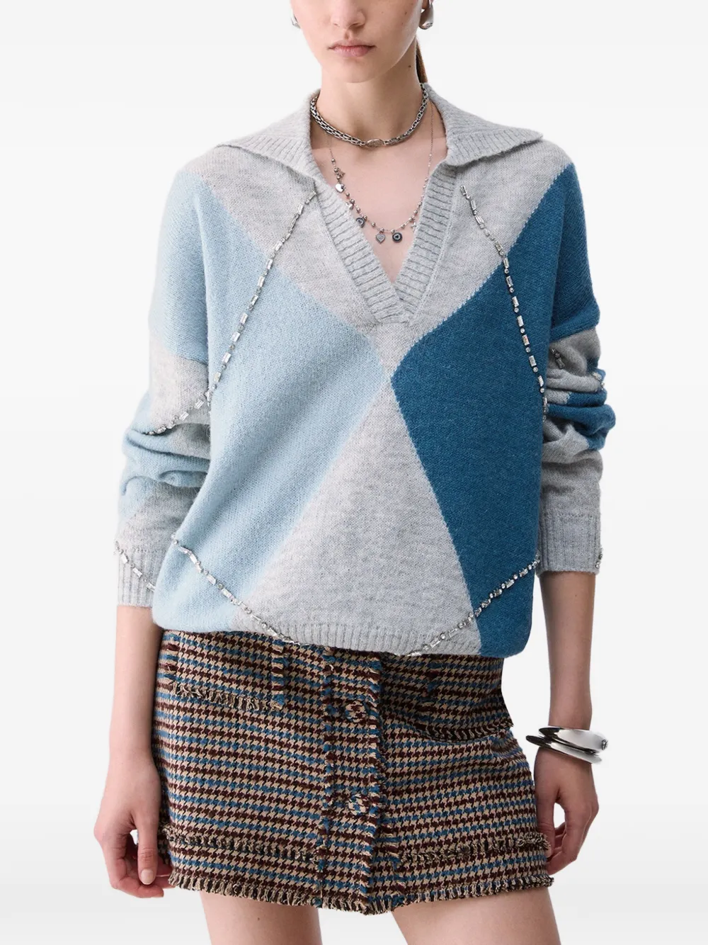 Liu •jo Argyle Polo With Jewel Embroidery In Grey