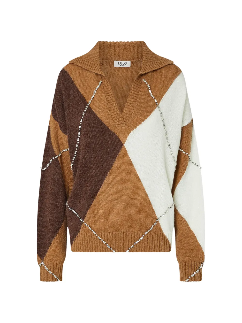 Liu •jo Argyle Polo With Jewel Embroidery In Brown