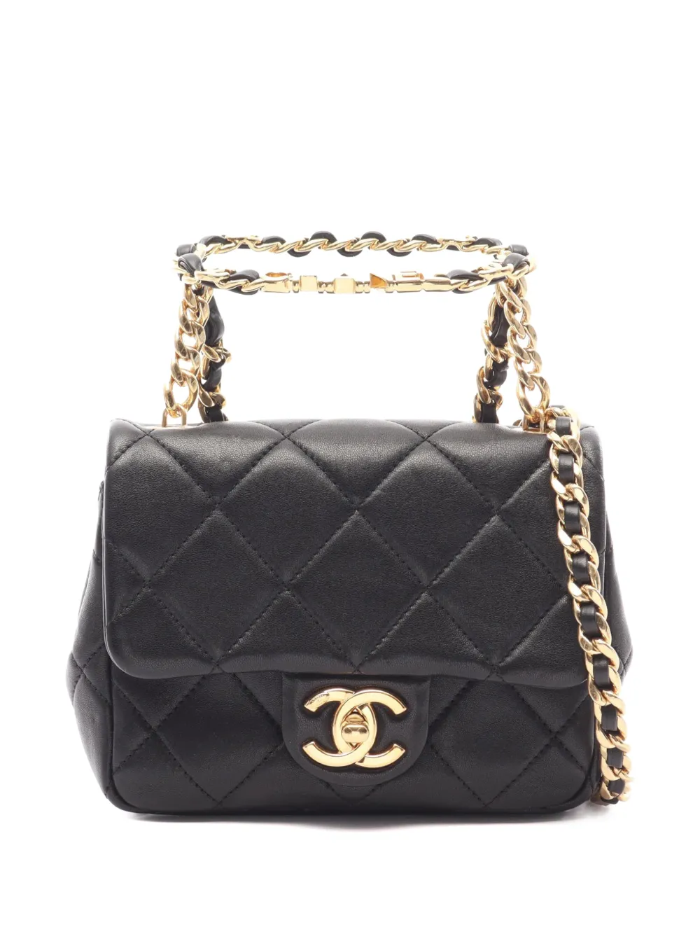 CHANEL Pre-Owned 2021-2026 Mini Quilted Lambskin Oval Logo Chain Top Handle Flap crossbody bag - Nero