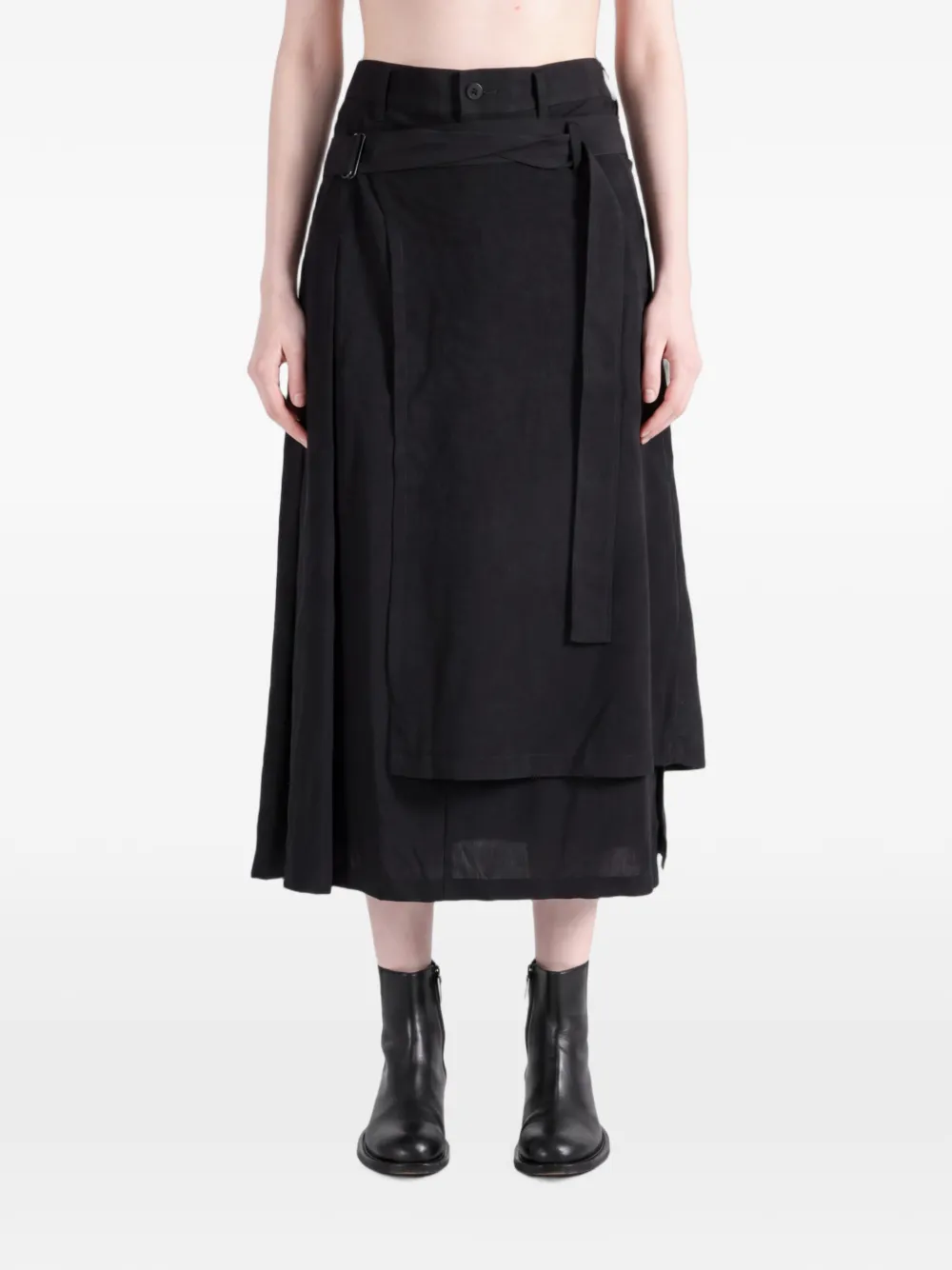 Yohji Yamamoto Midi-rok met gelaagd vlak en ceintuur Zwart