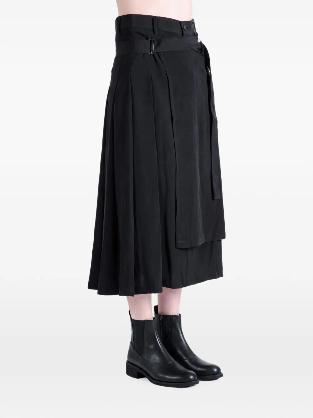 Yohji Yamamoto Midi-rok met gelaagd vlak en ceintuur Zwart