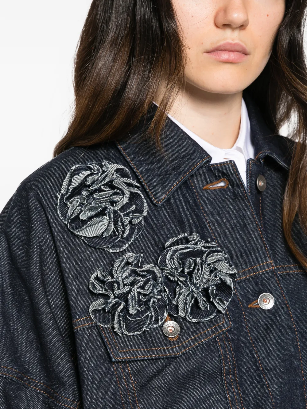 Drykorn floral-appliqué cropped denim jacket Blauw