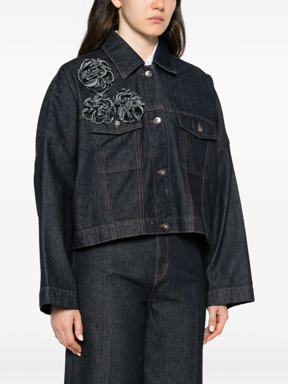 Drykorn floral-appliqué cropped denim jacket Blauw