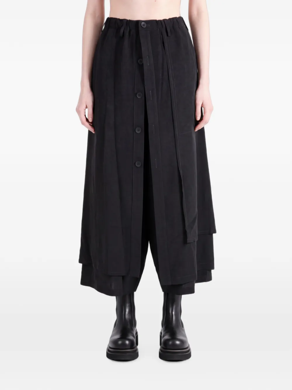 Yohji Yamamoto Gelaagde broek met wijde pijpen en knopen Zwart