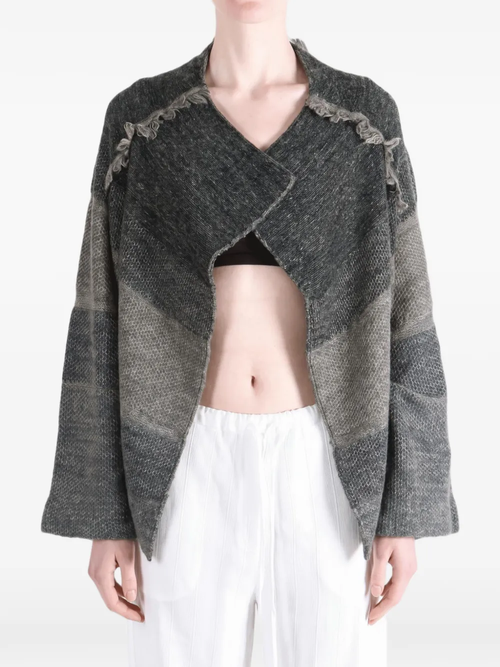 Y's fringe-trimmed colour-block cardigan Grijs