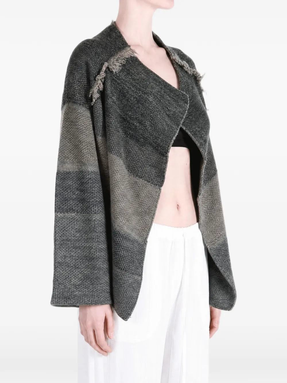 Y's fringe-trimmed colour-block cardigan Grijs