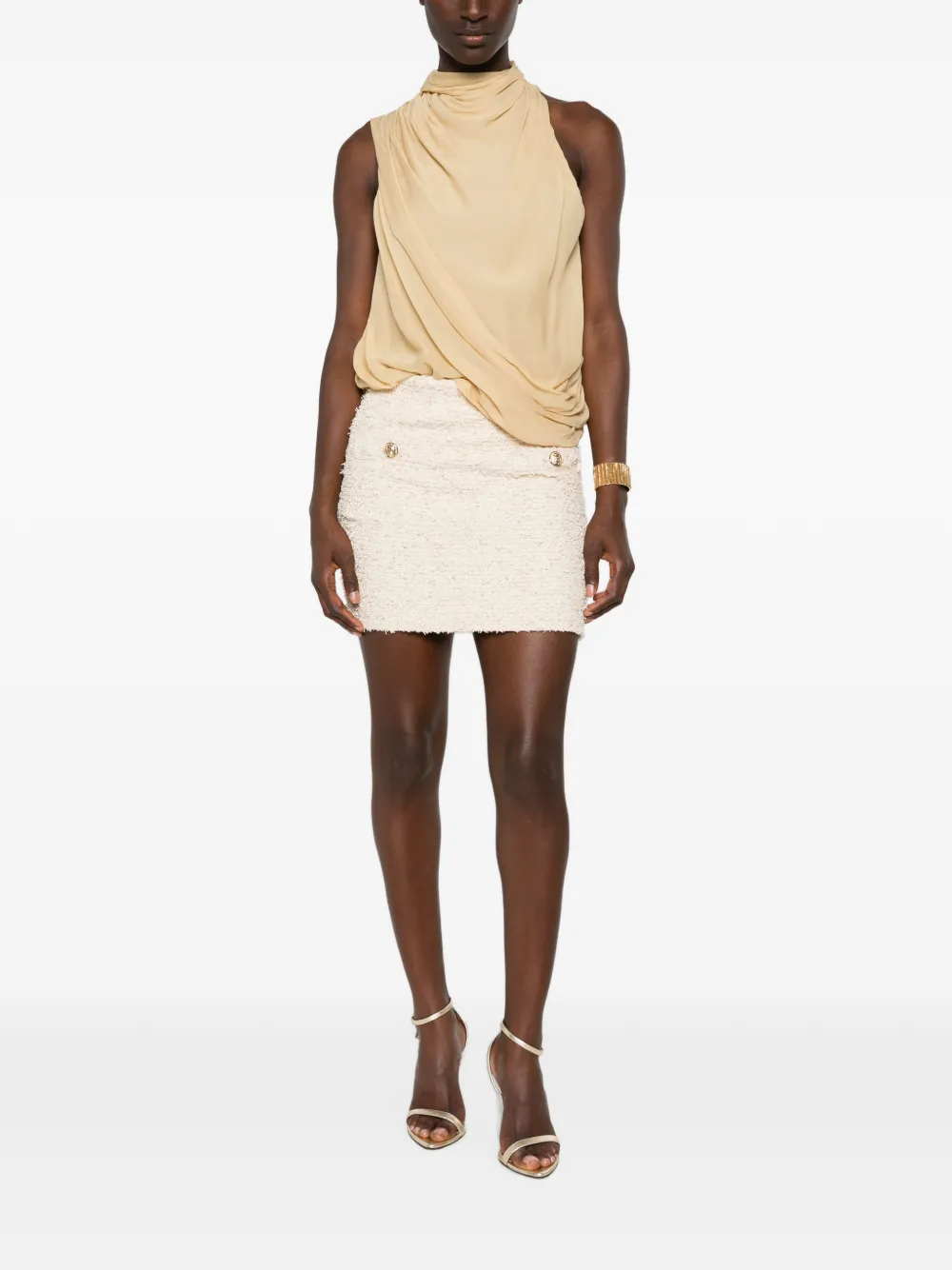 Balmain Tweed mini-rok verfraaid met knoop Beige