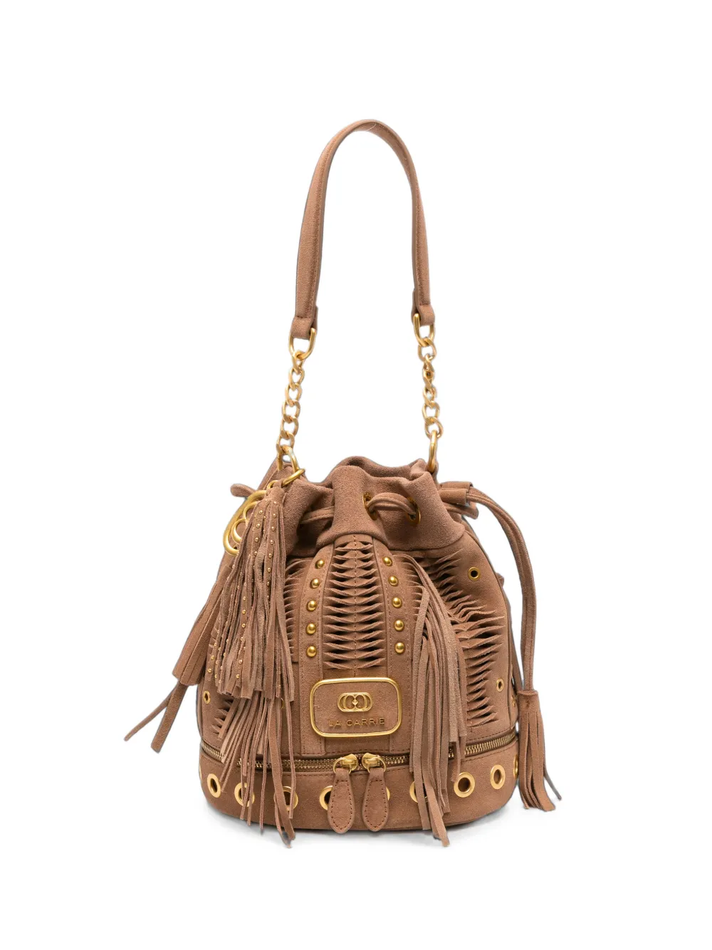 La Carrie Apallosa fringed stud-embellished bucket bag - Marrone
