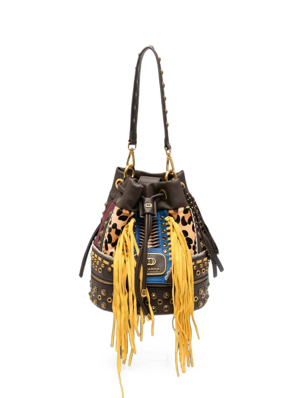 La Carrie Jungle fringe-trimmed studded bucket bag - Marrone