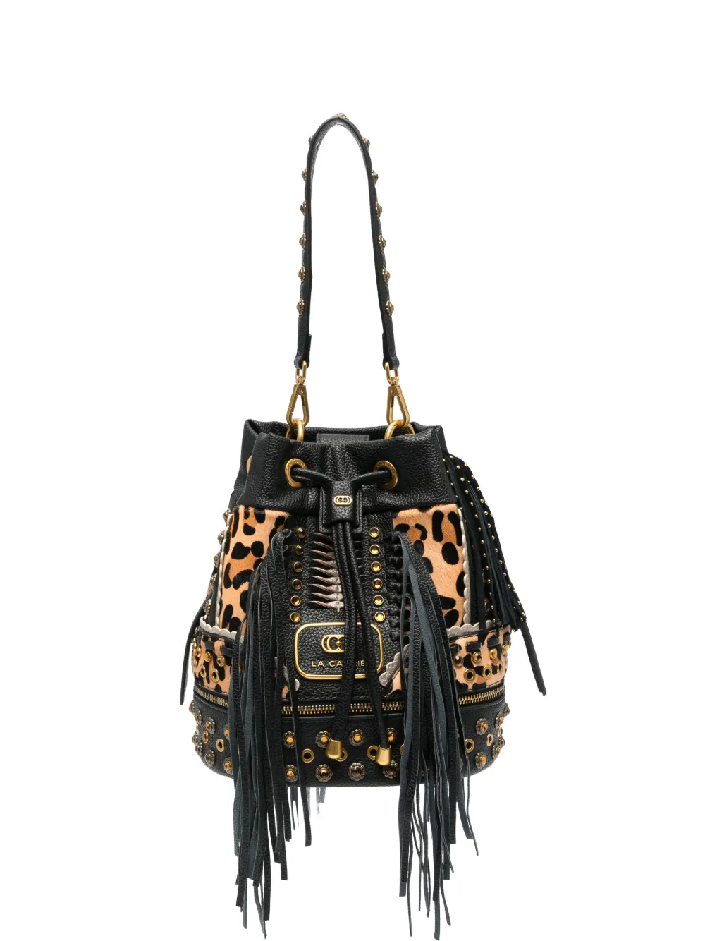 La Carrie Jungle leopard-print studded bucket bag