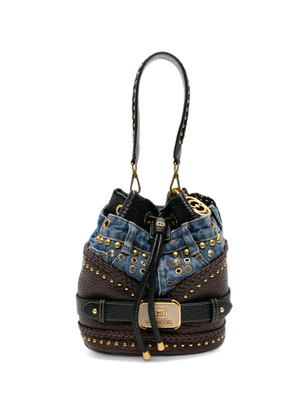La Carrie stud-embellished denim-detail bucket bag - Marrone