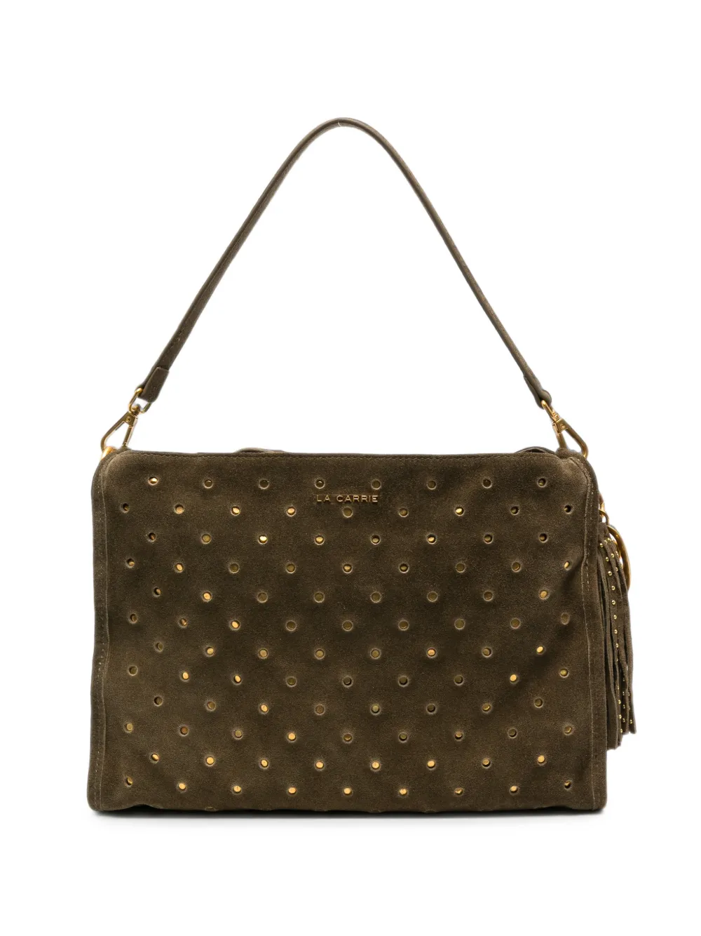 La Carrie Downtown stud-embellished suede shoulder bag - Verde