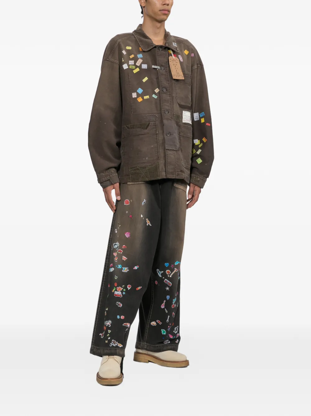 Maison MIHARA YASUHIRO Repair overall jack met print en prijskaartje Bruin
