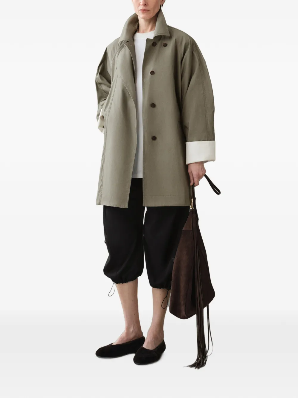 LESS belted panelled-sleeve trench coat Groen