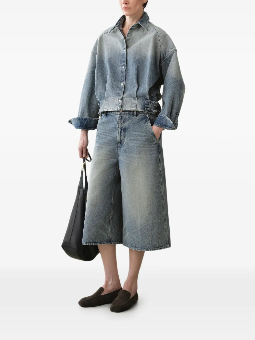 LESS Cropped denim jack met gesplus Blauw