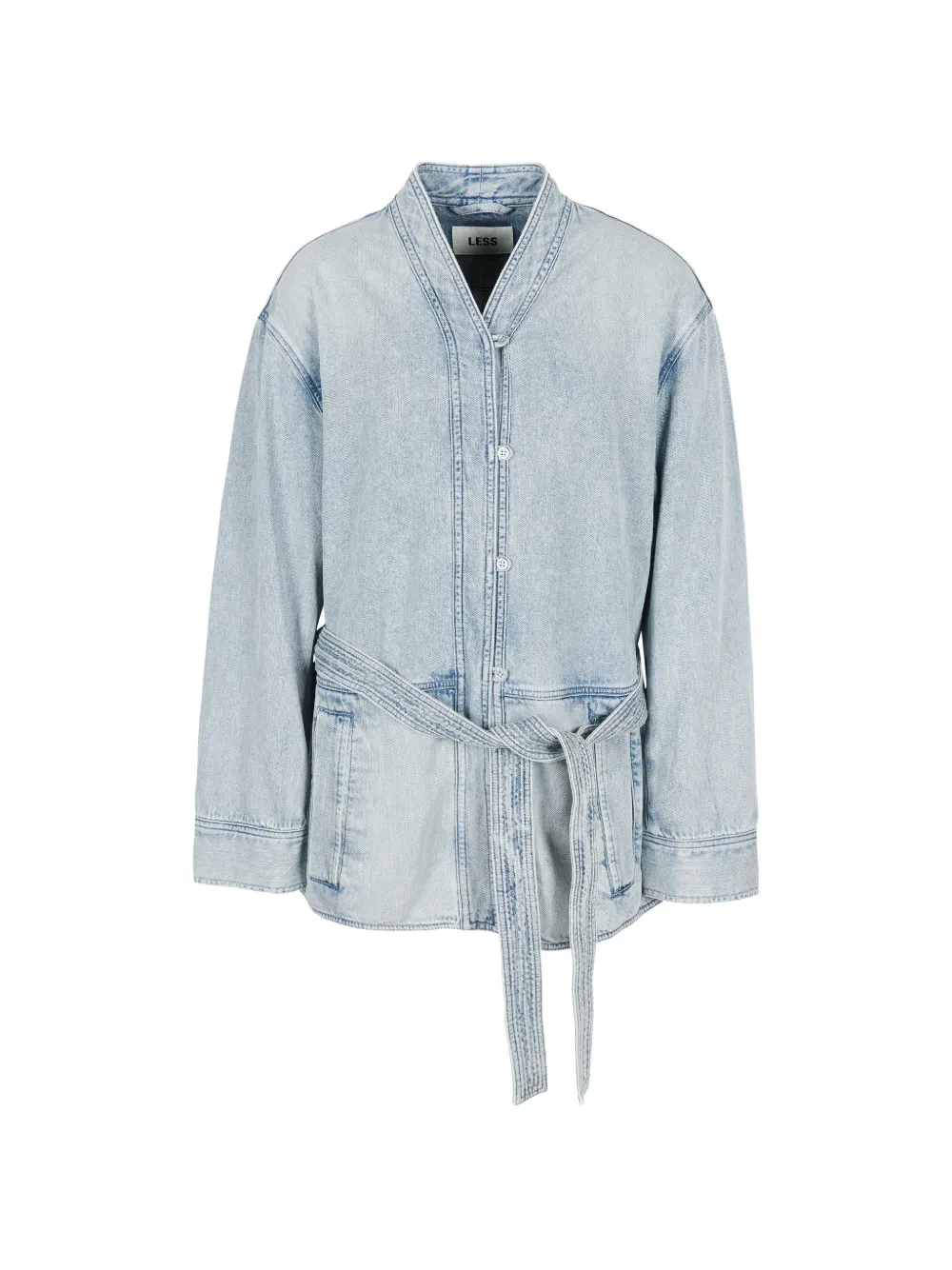 LESS belted wrap-collar denim jacket