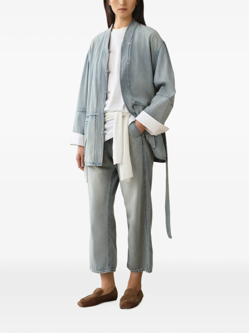 LESS Denim jack met wikkelkraag en ceintuur Blauw