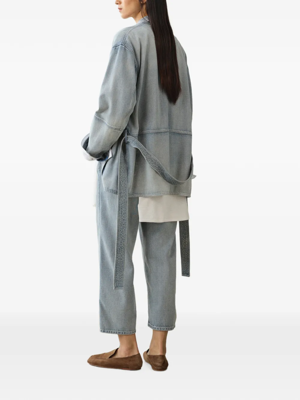 LESS Denim jack met wikkelkraag en ceintuur Blauw
