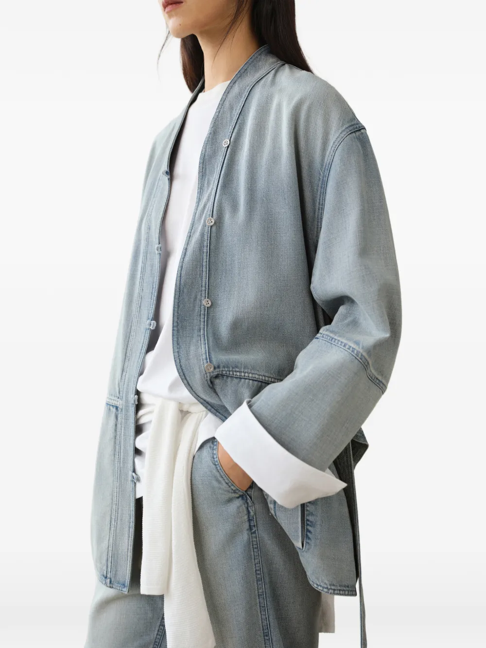 LESS Denim jack met wikkelkraag en ceintuur Blauw