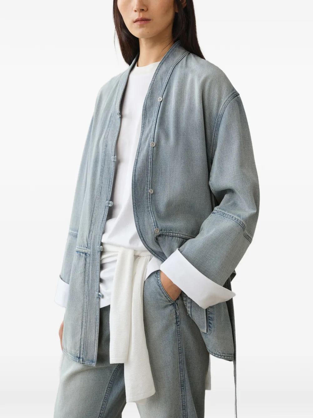 LESS Denim jack met wikkelkraag en ceintuur Blauw