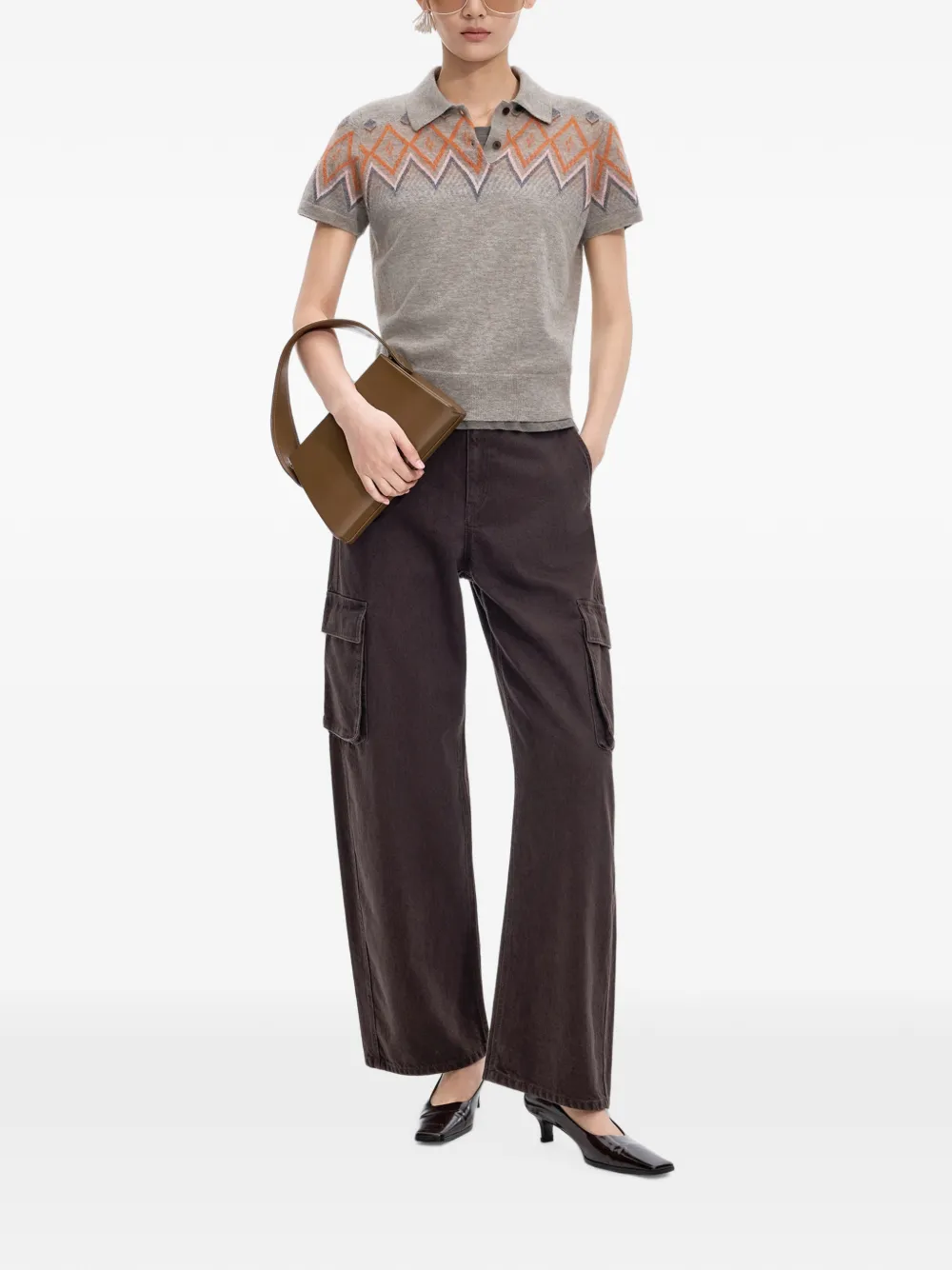 JNBY Trui met geometrisch jacquard en korte mouwen Beige