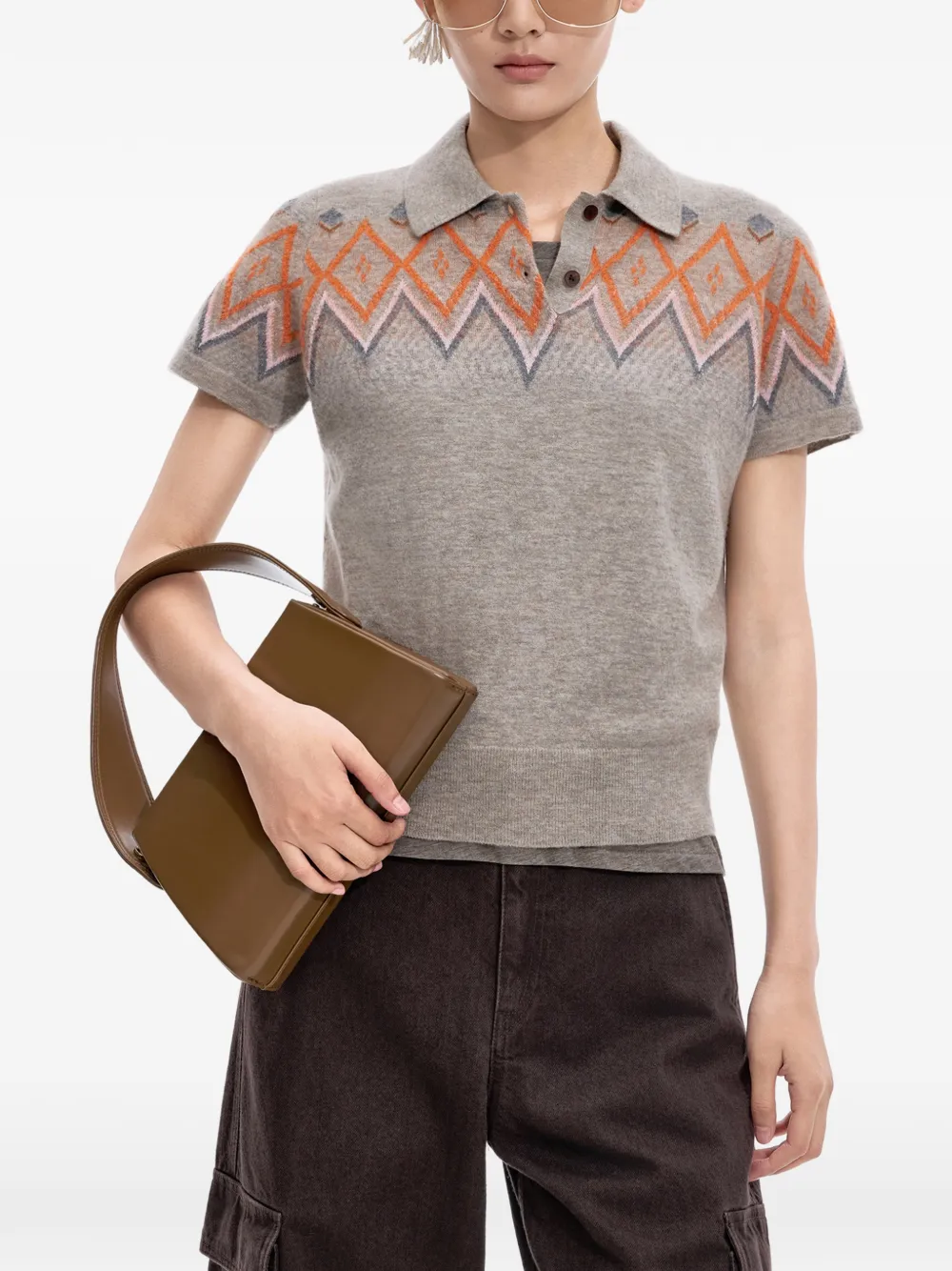 JNBY Trui met geometrisch jacquard en korte mouwen Beige