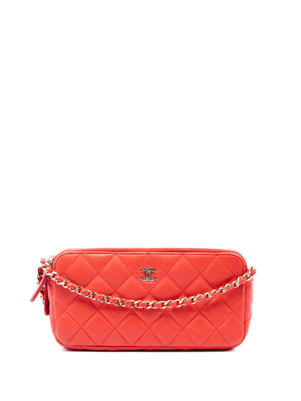 CHANEL Pre-Owned 2016-2017 CC Quilted Lambskin Double Zip Clutch With Chain crossbody bag - Arancione