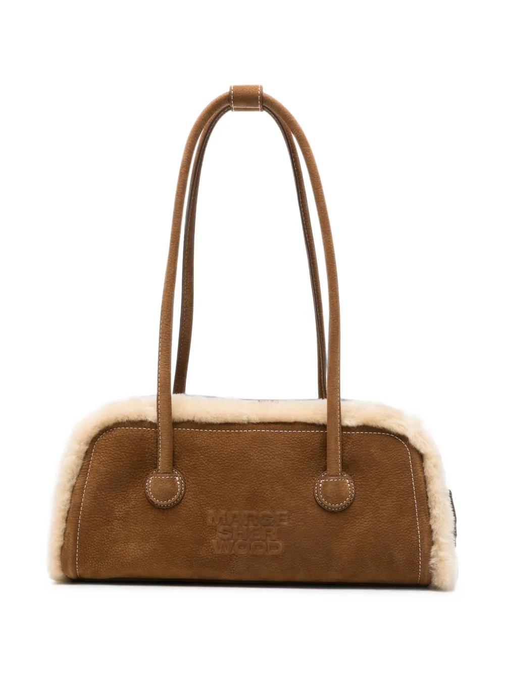 Marge Sherwood shearling-trim debossed-logo tote bag - Marrone