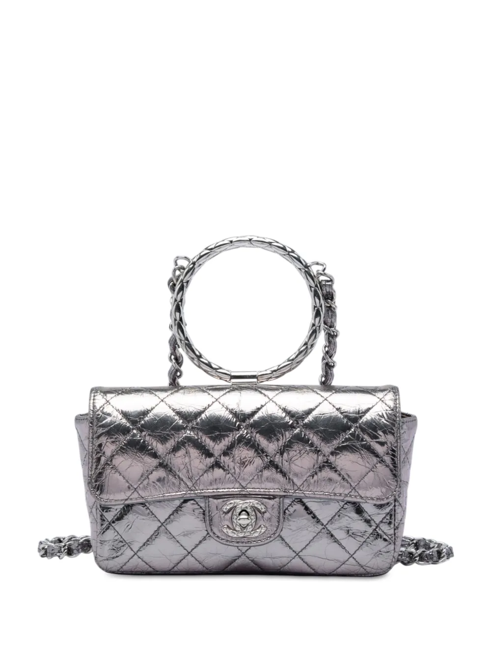 CHANEL Pre-Owned 2020 Mini Quilted Metallic Crumpled Calfskin Ring Top Handle Flap satchel - Argento