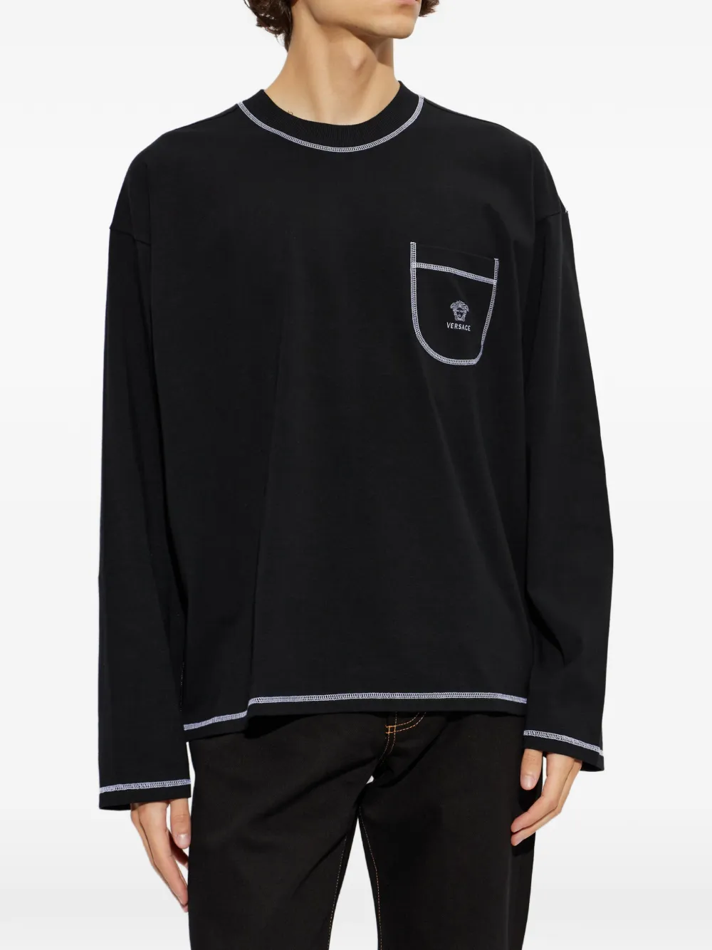Versace Stretch katoenen-jersey T-shirt met geborduurd logo Zwart