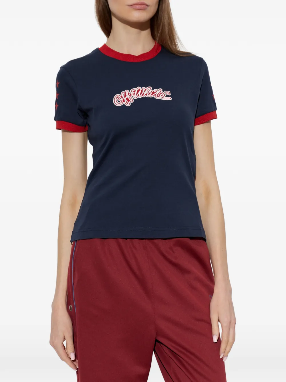 Off-White logo-embroidered star-print T-shirt Blauw