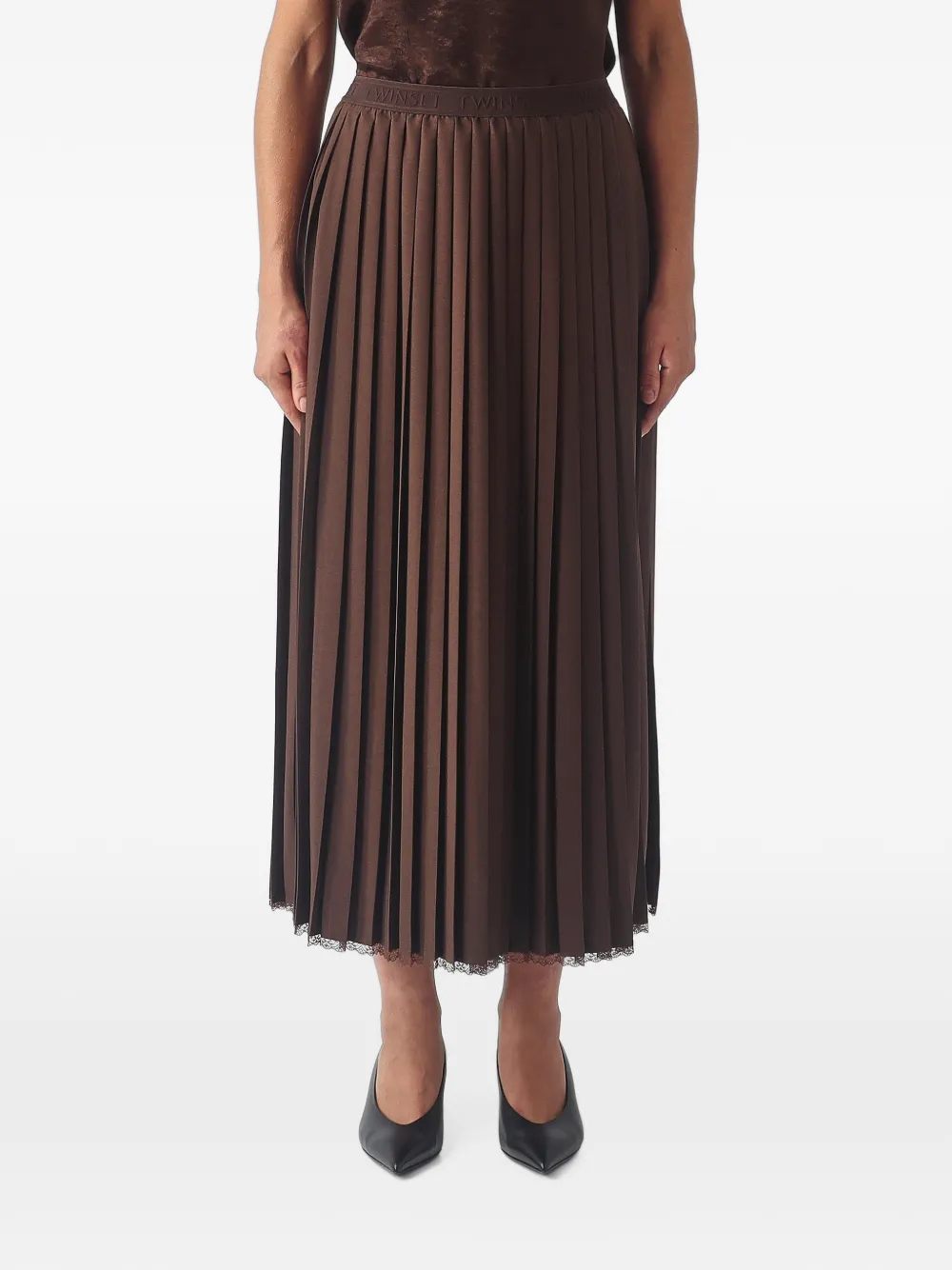 TWINSET lace-trimmed pleated skirt - Marrone