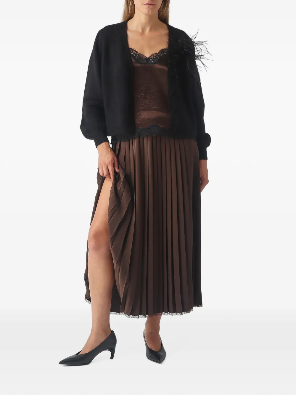 TWINSET Plooirok met afwerking van kant Bruin