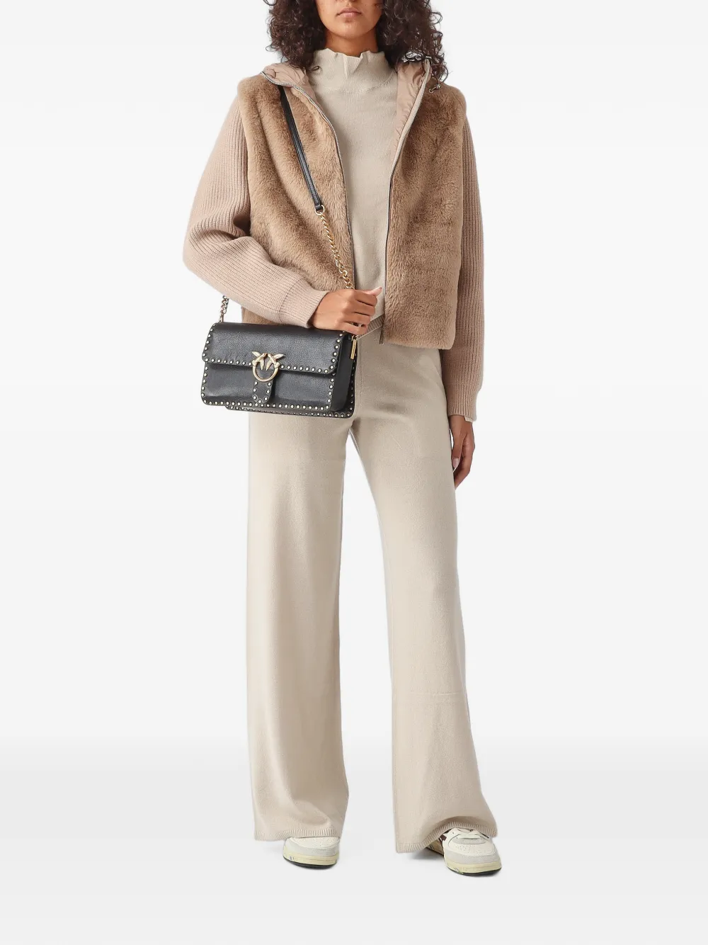 PINKO Siviglia ribbed-waistband wide-leg trousers Beige