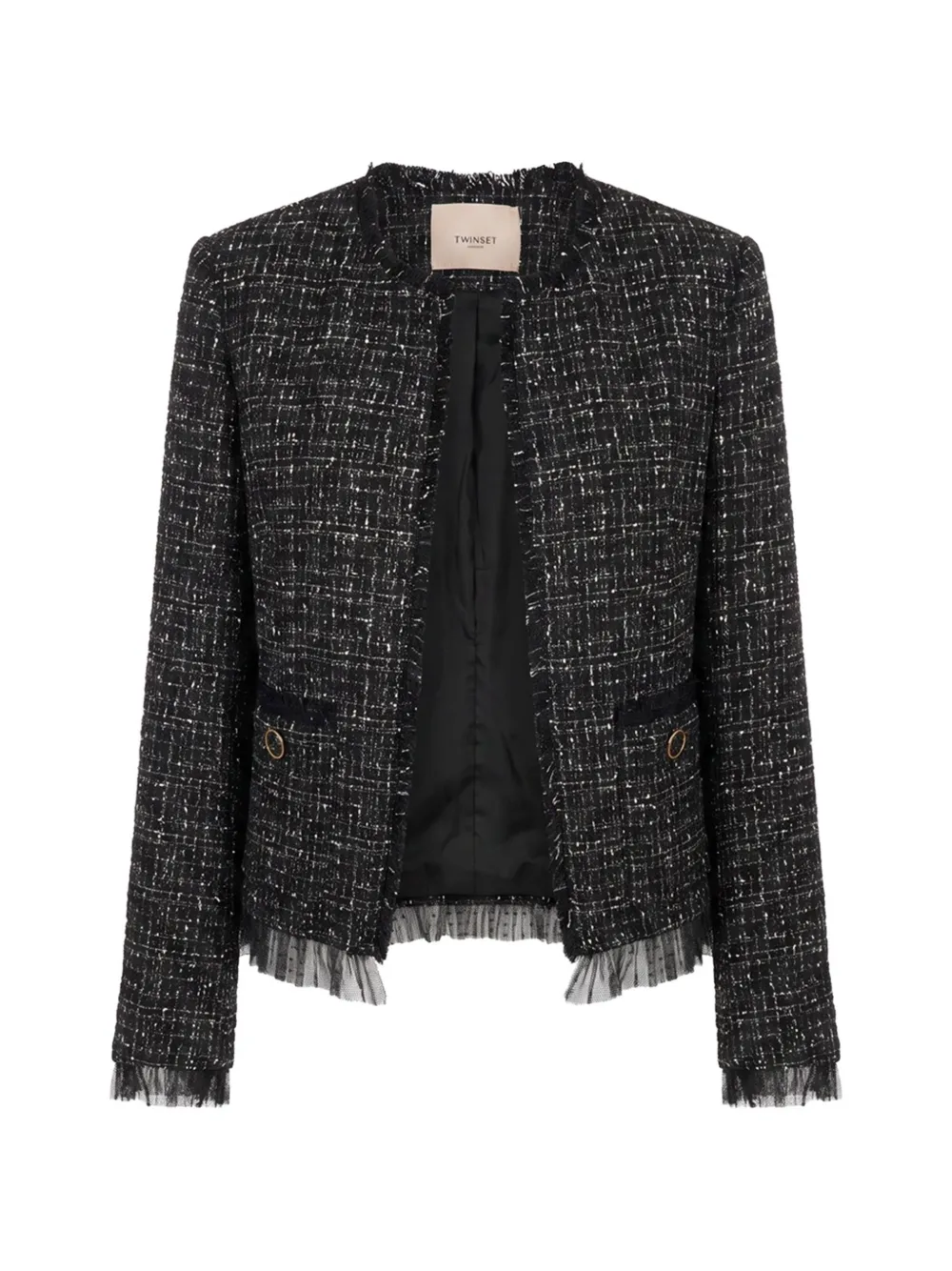 TWINSET bouclé-knit tulle-trim jacket Zwart