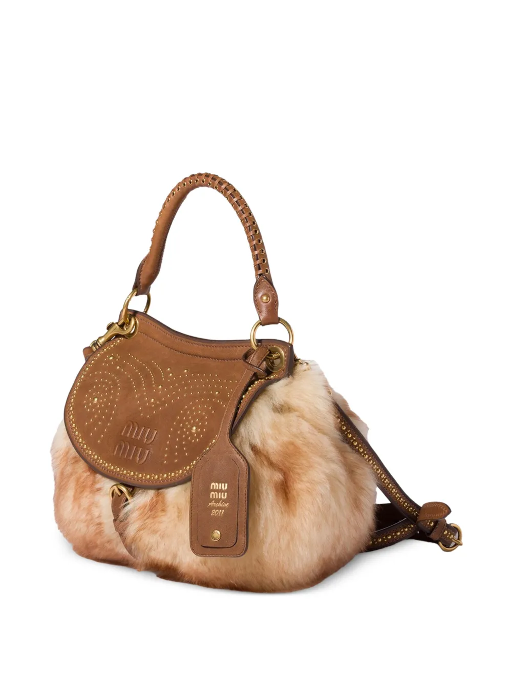 Miu Rendez-Vous lammy en nappaleren tas met metalen studs Bruin