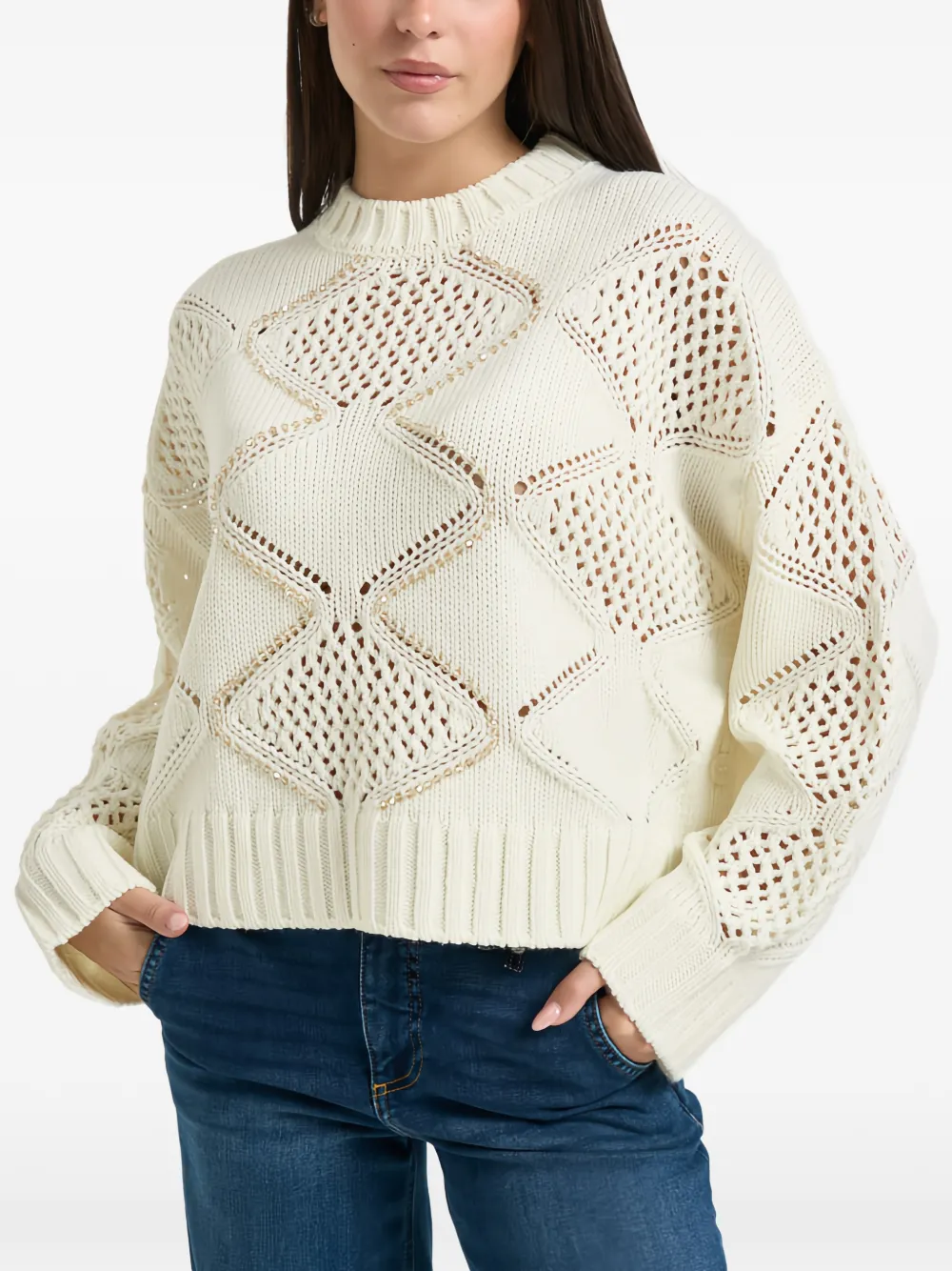 LIU JO crystal-embellished open-knit sweater - Toni neutri