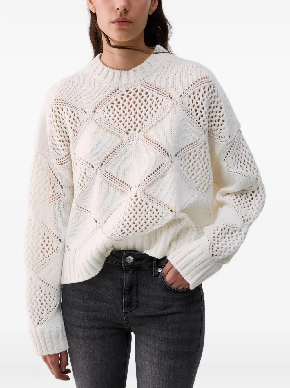 LIU JO crystal-embellished open-knit sweater - Toni neutri