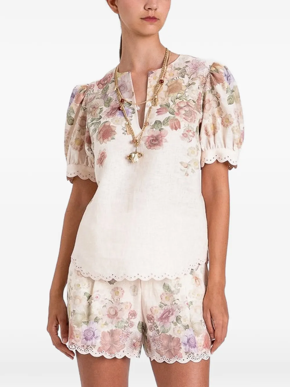 Twinset Linen Floral Blouse With Embroidery In Neutrals