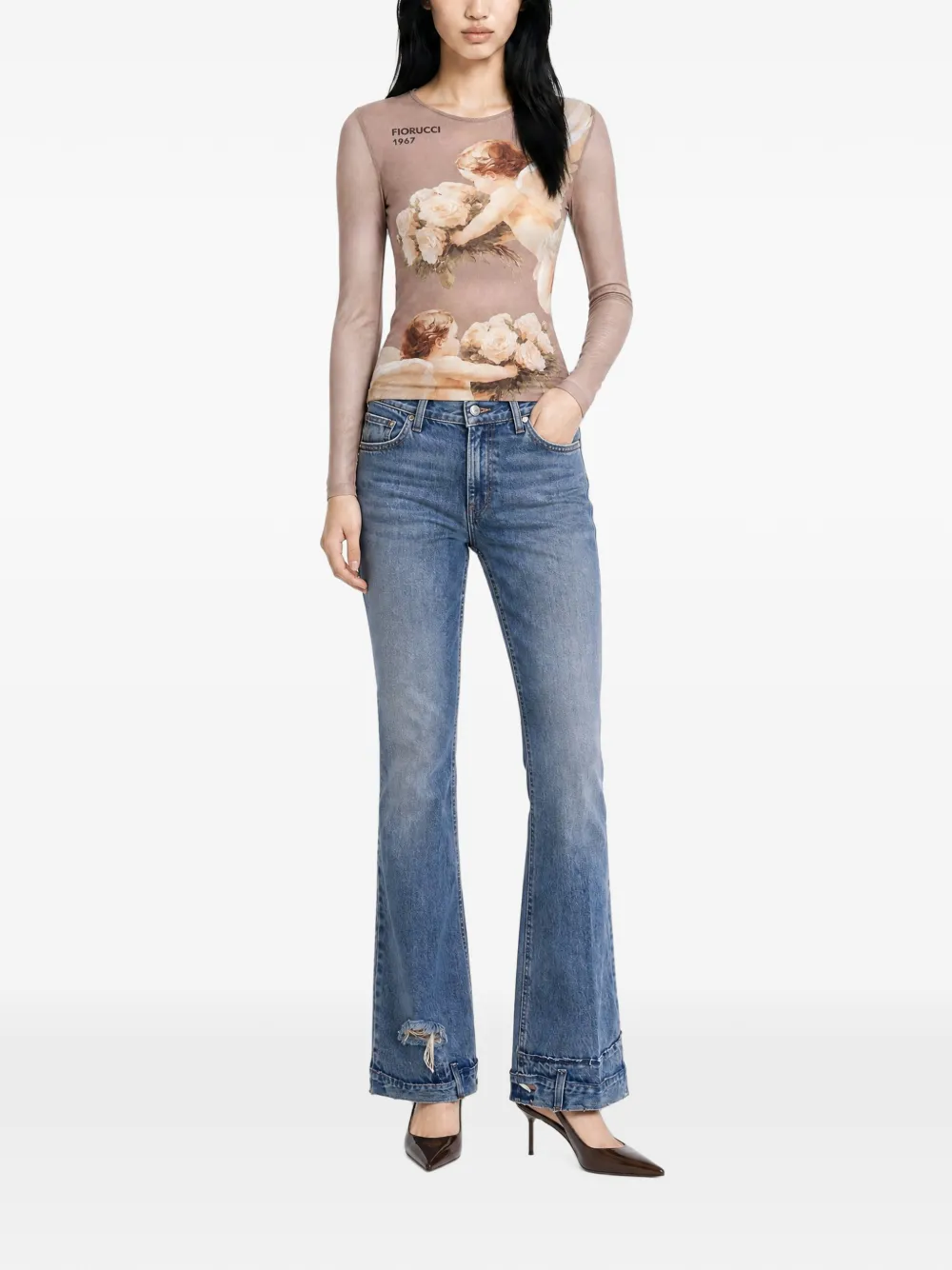 Fiorucci Mesh top met Bouquet Angels-print Beige