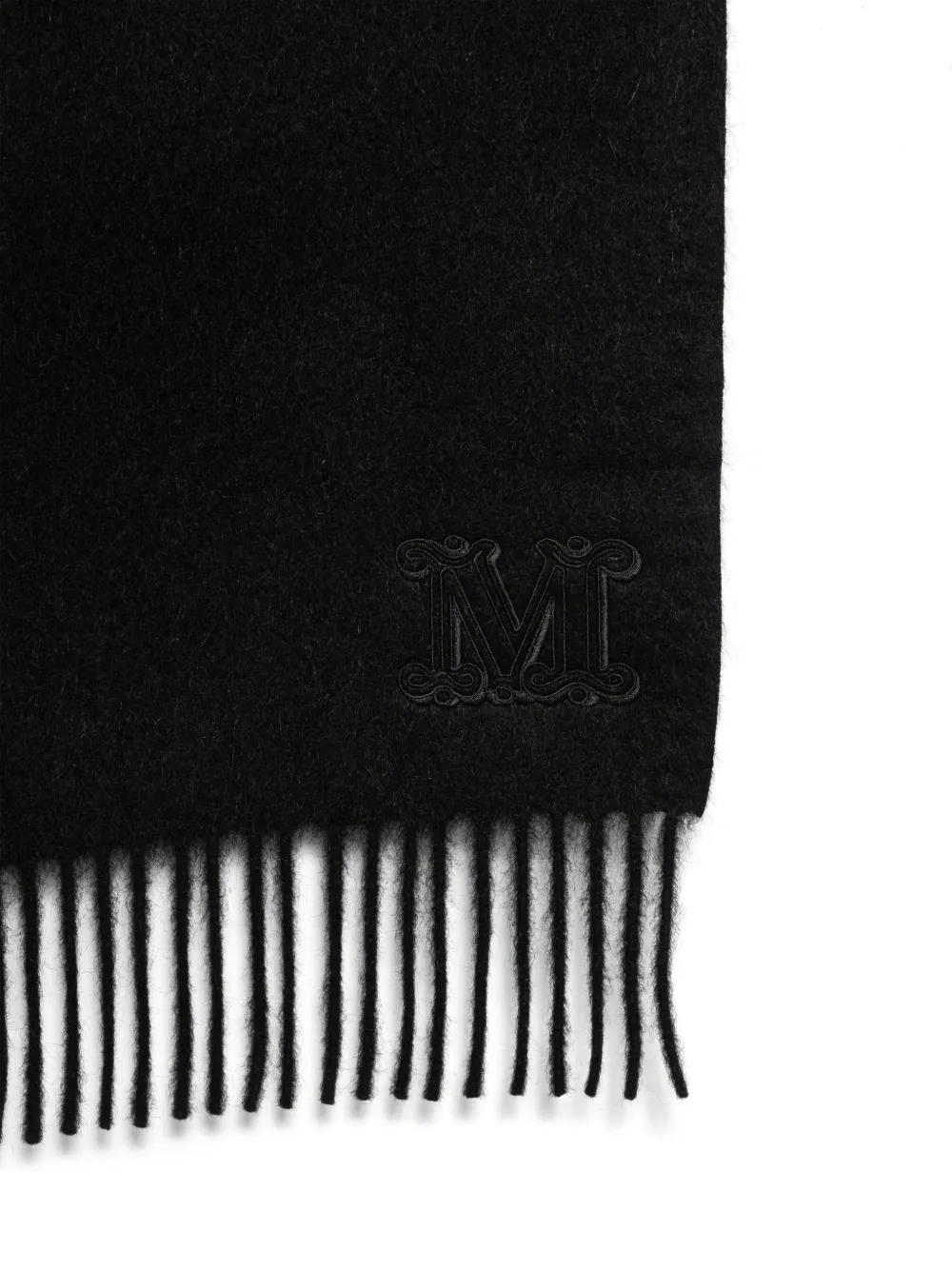 Max Mara Clara sjaal met geborduurd monogram en franje Zwart