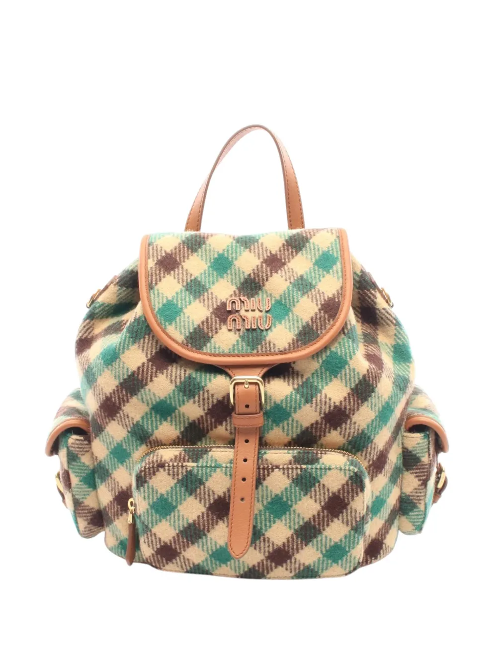 Pre-owned Miu Miu 2010-2026 Plaid Wool Backpack In Green