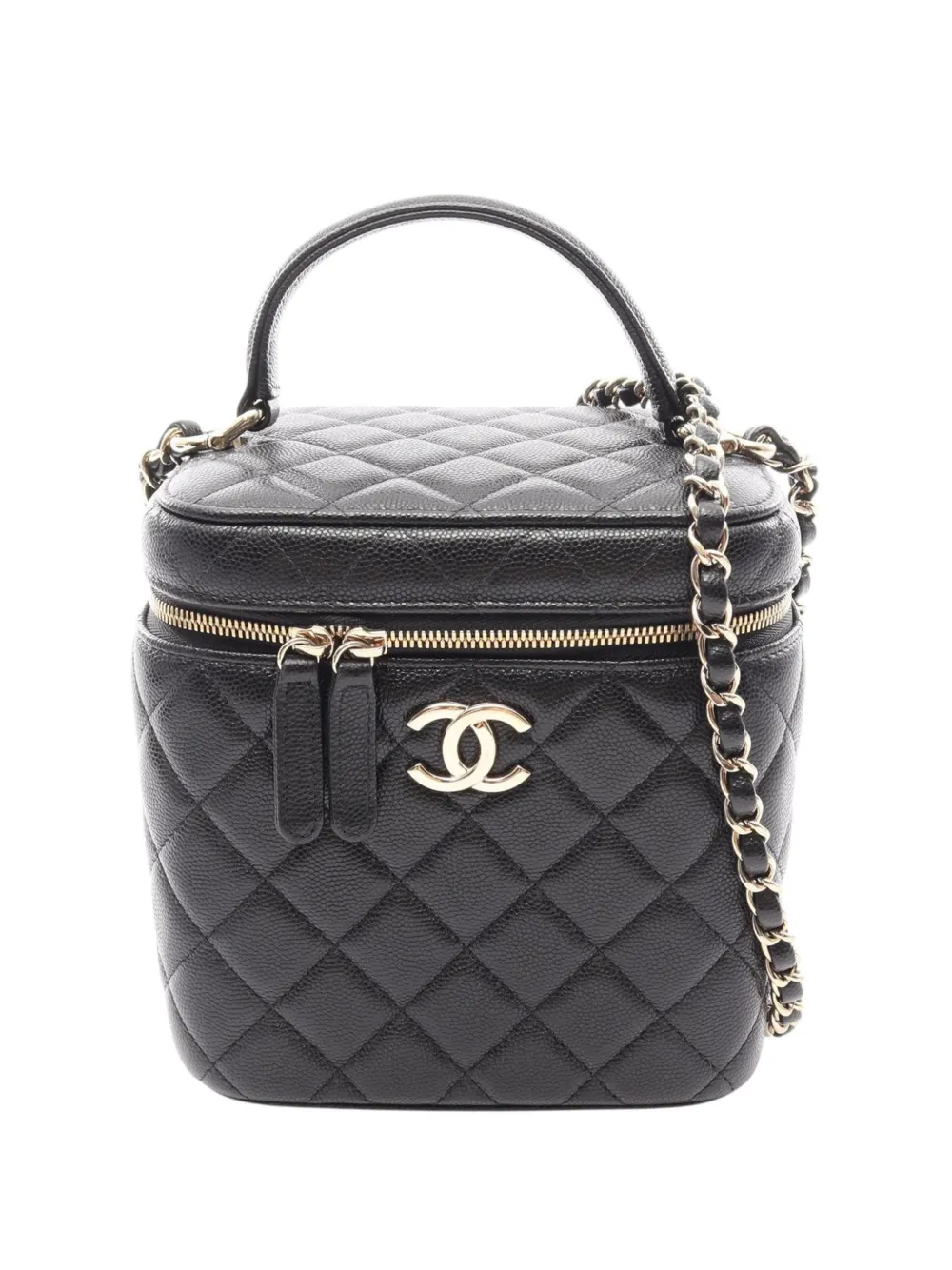 Pre-owned Chanel 2021 Cc Quilted Caviar Top Handle Vanity Case With Chain Satchel In Black