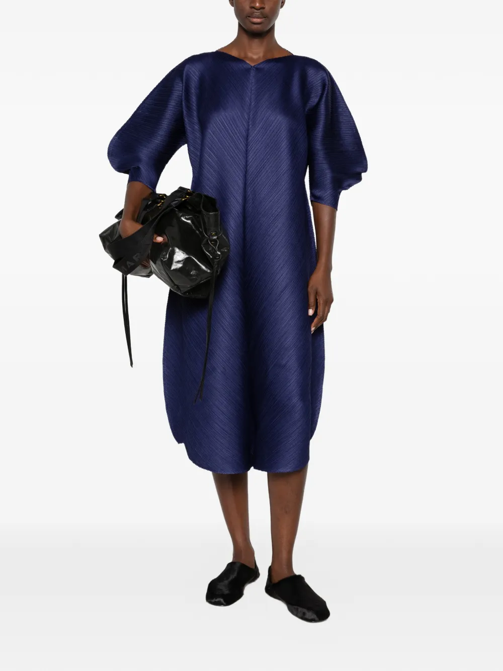 Pleats Please Issey Miyake Midi-jurk met pofmouwen en plooien Blauw