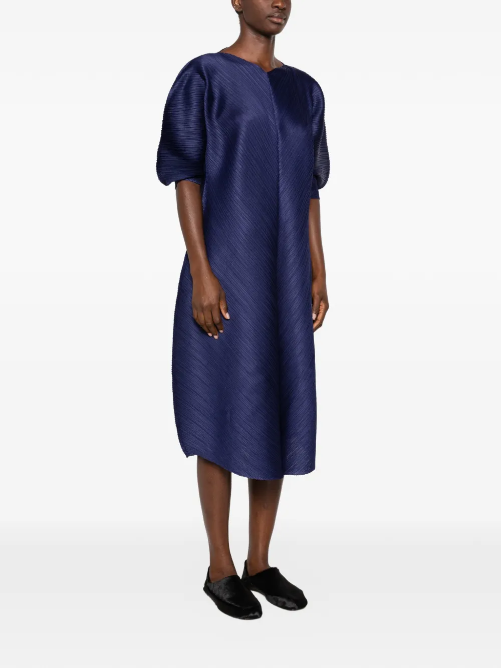 Pleats Please Issey Miyake Midi-jurk met pofmouwen en plooien Blauw