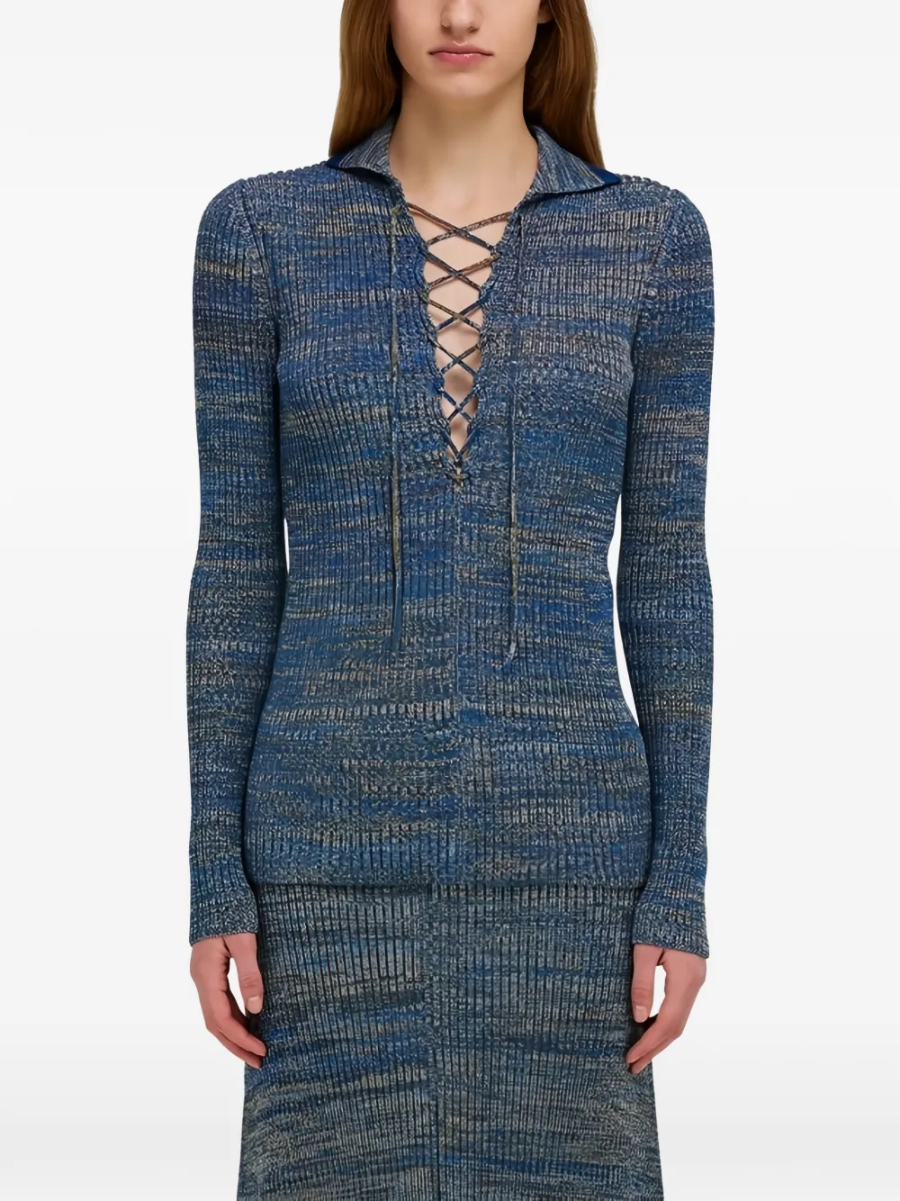 Ferragamo lace-up ribbed-knit sweater Blauw