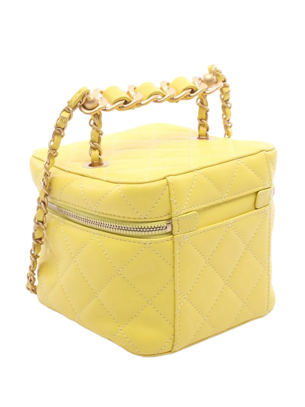 Pre-owned Chanel 2021-2026 Small Cc Quilted Lambskin Vanity Case With Chain Satchel In Yellow