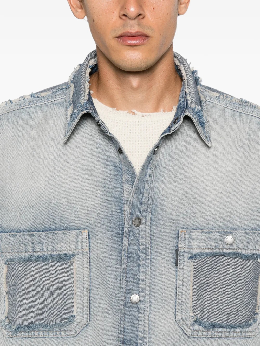 Haikure Nelson distressed patchwork denim shirt Blauw